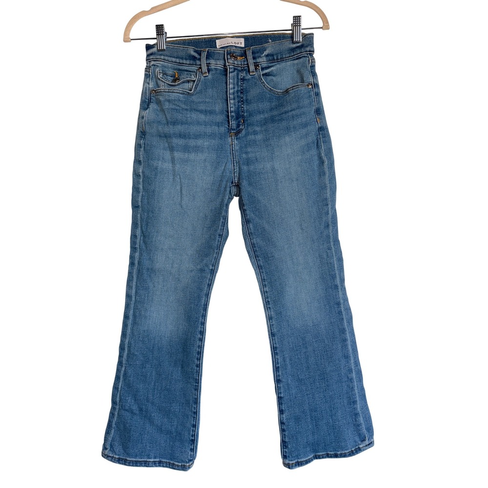 LOFT The Kick Crop Jeans Blue Medium Wash High Rise Flare Denim 4 27P